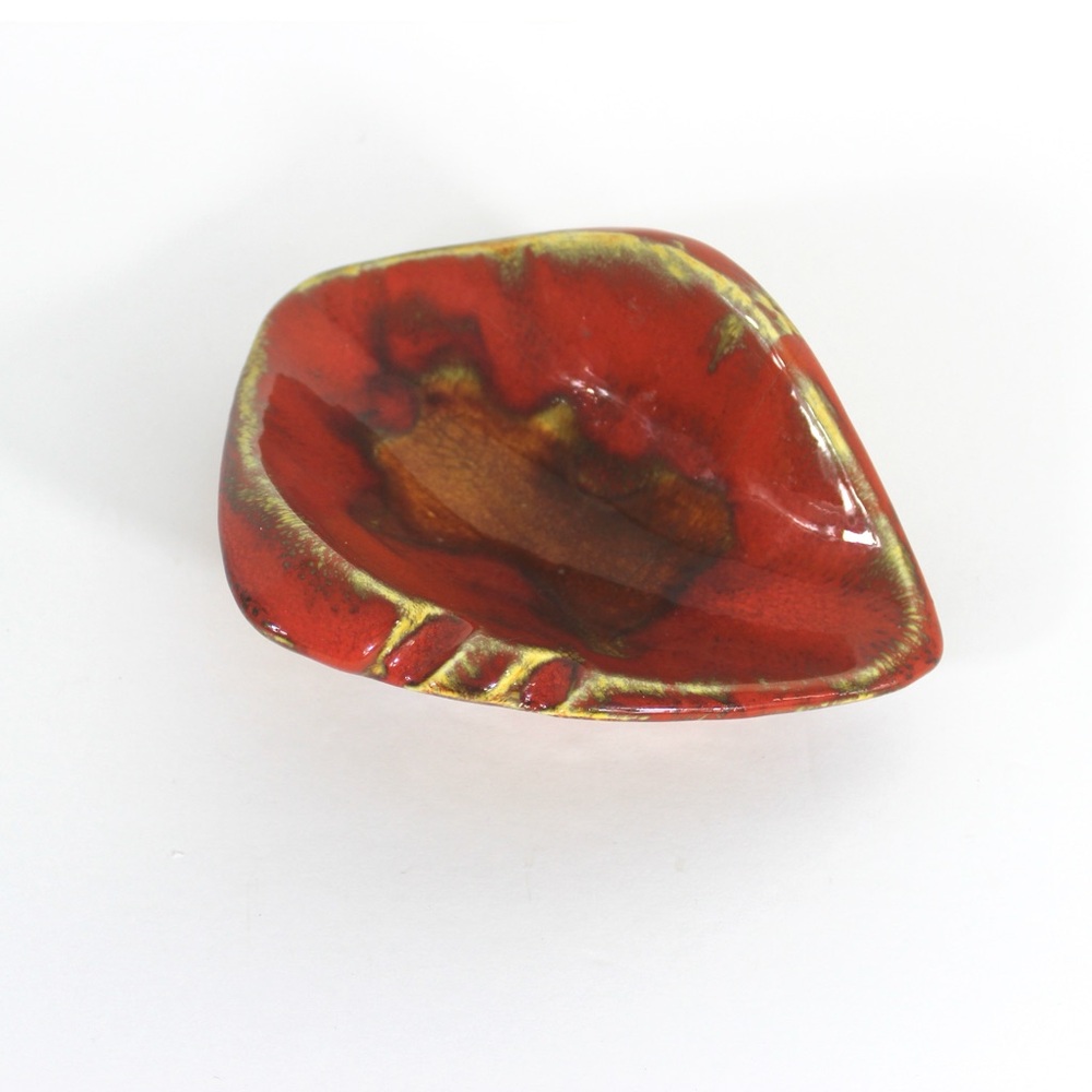 Mid Century Modern Drip Glaze Ceramic Ashtray, Trinket Dish, Pottery Red Yellow